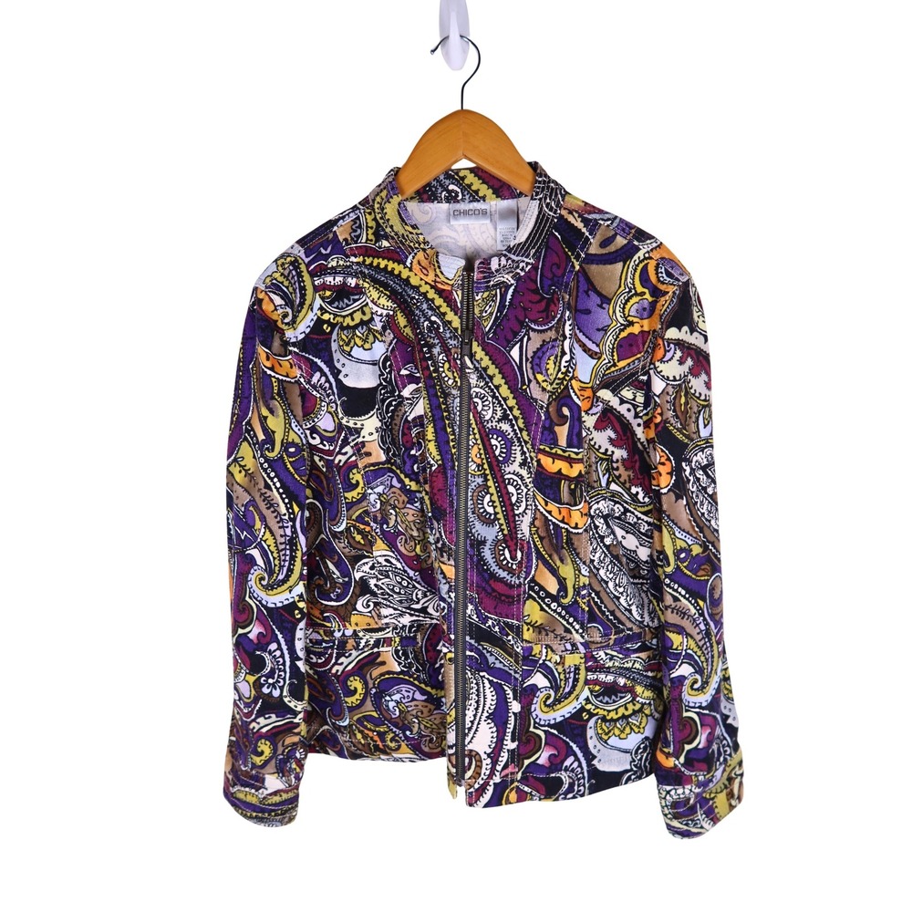 Chicos Paisley Print Full Zip Jacket Purple Gold Size 2